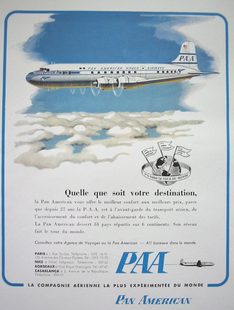 1955 A French language ad for the DC 6 in service with Pan American.